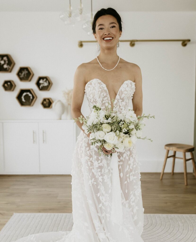 Carla by Savin London.  An A-Line wedding dress, featuring a modern plunge sweetheart neckline | Feathers & Florence | Wedding Dress Preston |