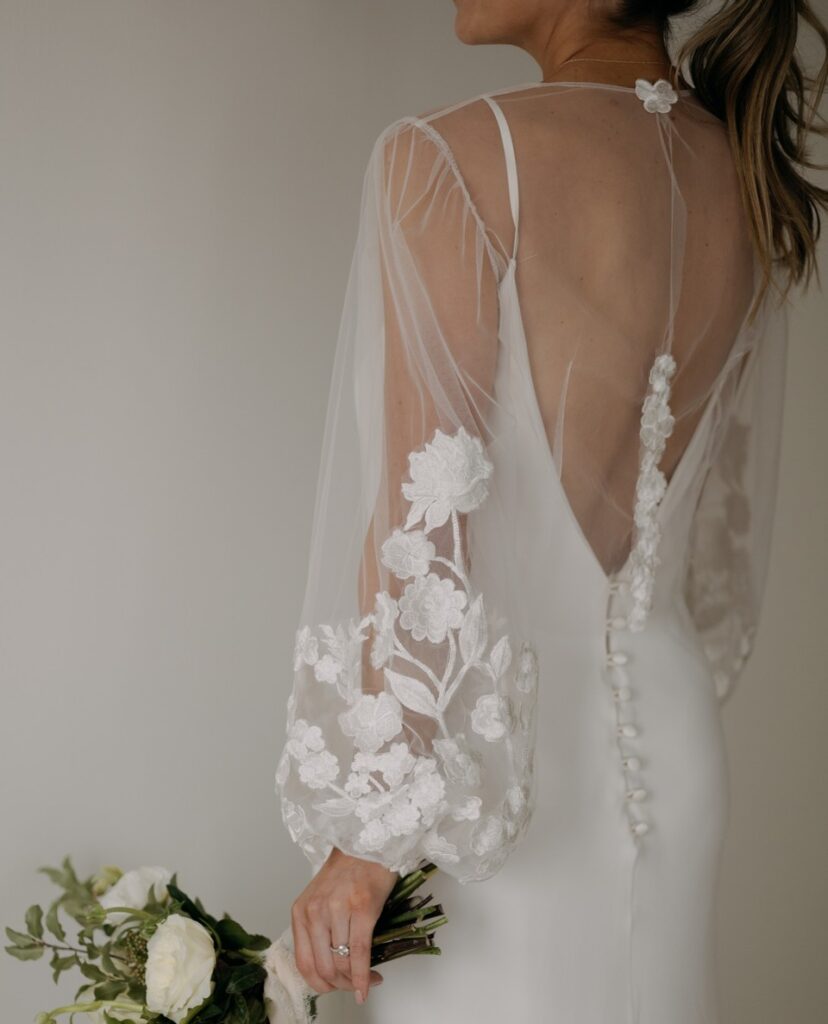 We're completely in love with the detail of these sleeves, styled with a minimalist dress. ⁠ | Feathers & Florence | Wedding Dress Preston